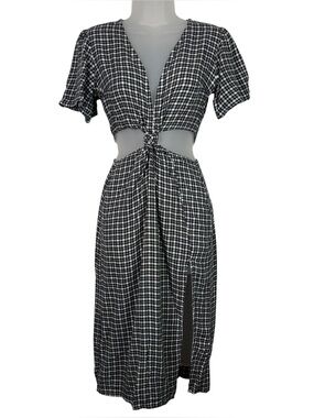 Abercrombie & Fitch Black White Gingham Plaid Cutout Waist Midi Dress NWT Medium